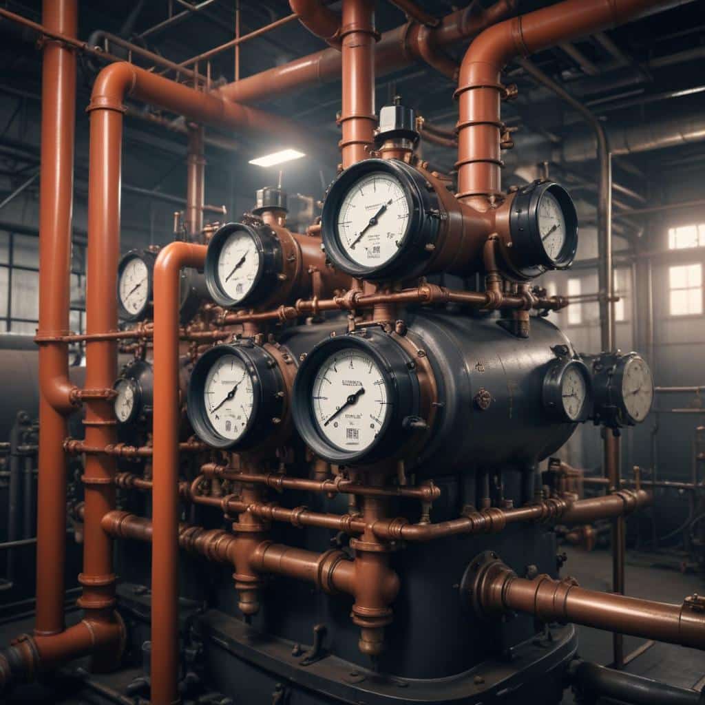 Marine steam boiler room with industrial pipes and pressure gauges