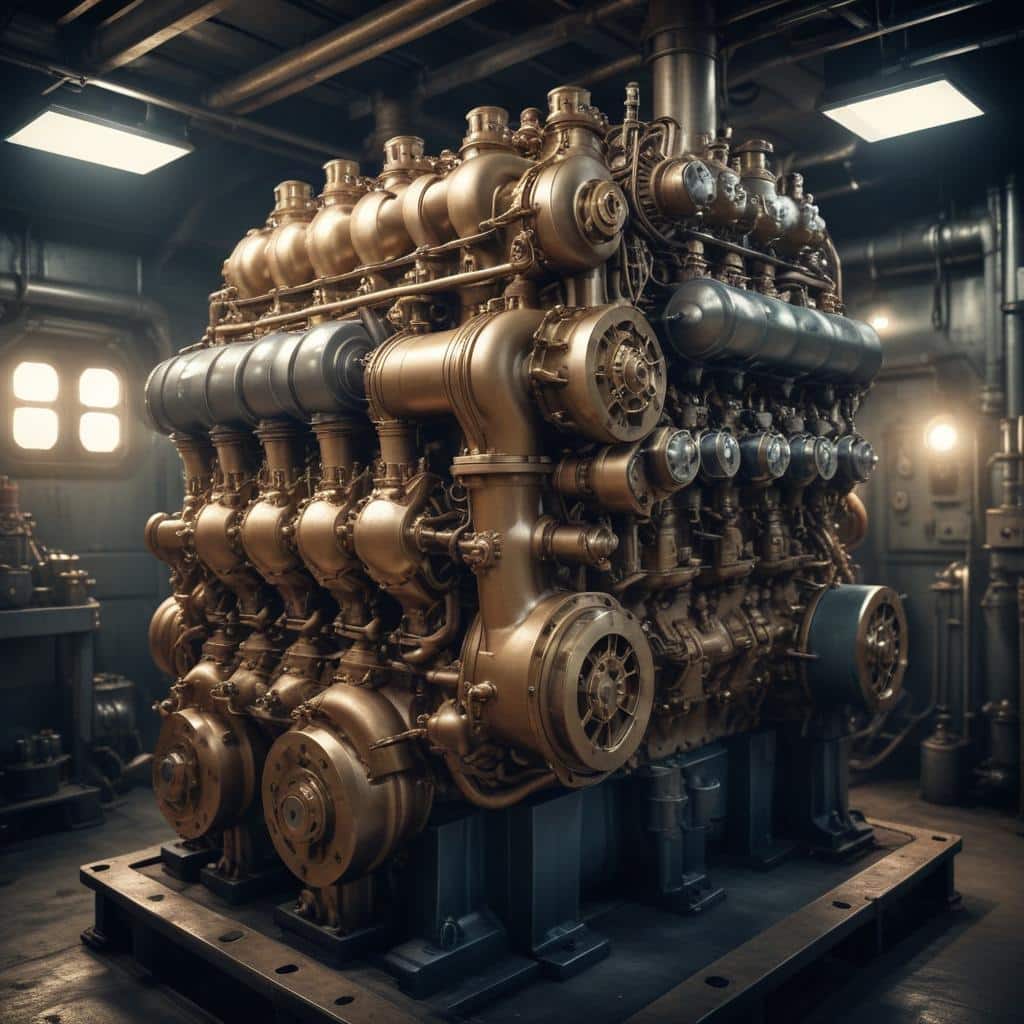 Two-stroke marine diesel engine inside ship engine room