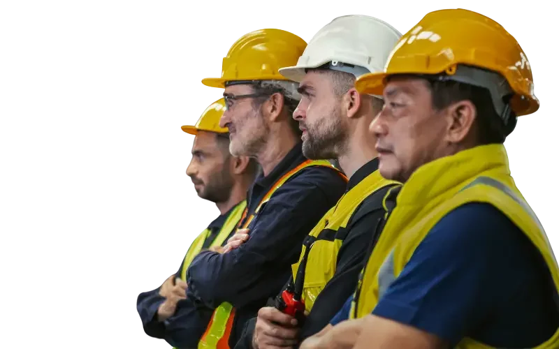 Engineers standing in a line with their chin up