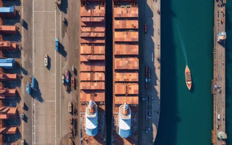 Large cargo ship in dry dock shipyard for maintenance