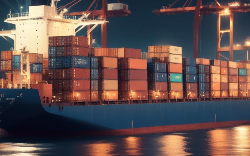 Cargo container ship at port for emergency spare parts delivery