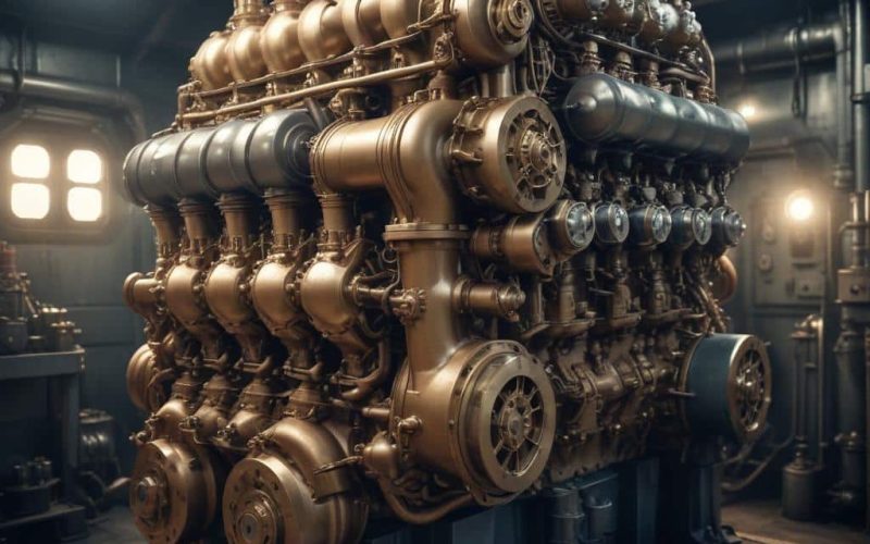 Two-stroke marine diesel engine inside ship engine room